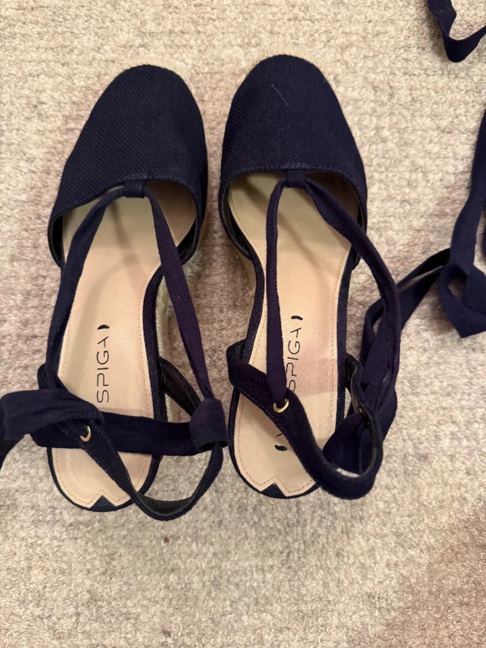 Via Spiga Navy Canvas Espadrille Wedge Sandals with Ankle Ties